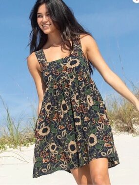 NATURAL LIFE | Tricia Mini Dress | Navy Dahlia Floral Square-Neck | 100% Rayon